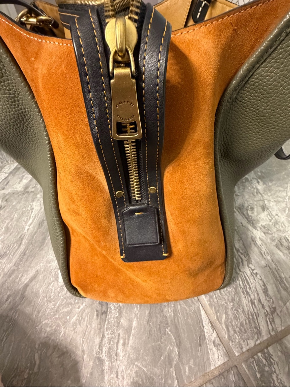 Coach Rogue 39 Olive Green Leather Tote with Cognac Suede Side Panels - Picture 12 of 16